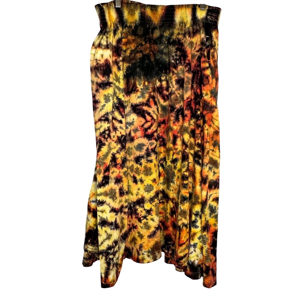 Talbots Womens Boho Tie‎ Dye Midi Skirt Yellow Black Cotton Elastic Waist S Y2K